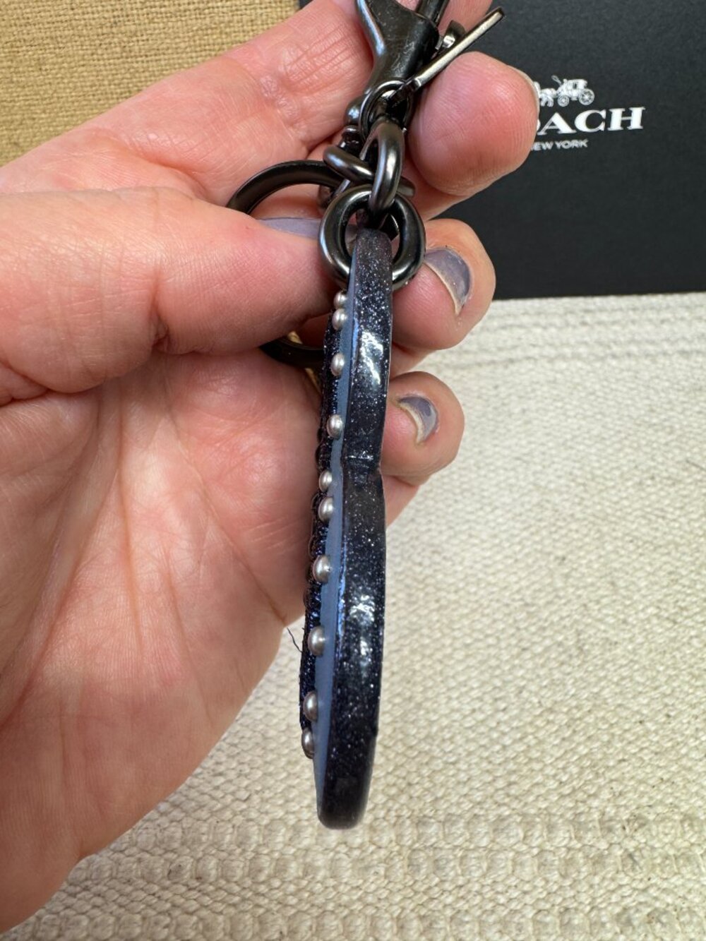 Coach Blue Heart Bag Charm Keychain Key Ring Fob Black Hardware Leather EUC - Picture 4 of 6